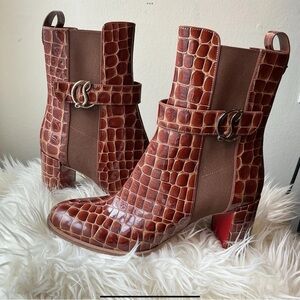 Christian Louboutin Brown Croc-Embossed Heeled Boots